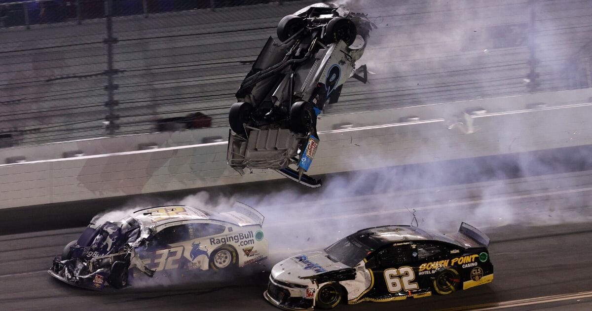 Ryan Newman, driver of the #6 Koch Industries Ford, flips over as he crashes during the NASCAR Cup Series 62nd Annual Daytona 500 at Daytona International Speedway on Feb. 17, 2020, in Daytona Beach, Florida.