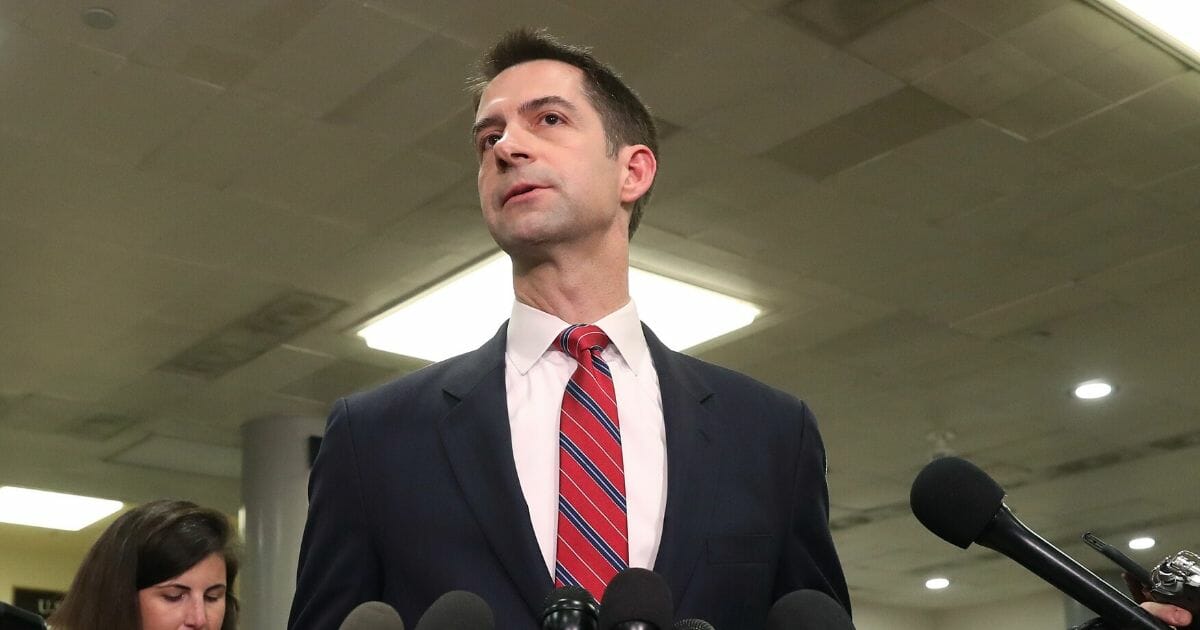 Sen. Tom Cotton (R-Arkansas) speaks to the media after attending a briefing with administration officials about the situation with Iran, at the U.S. Capitol on Jan. 8, 2020, in Washington, D.C.