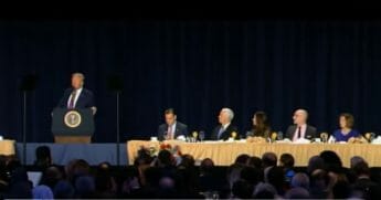 President Donald Trump gives a speech at the National Prayer Breakfast.