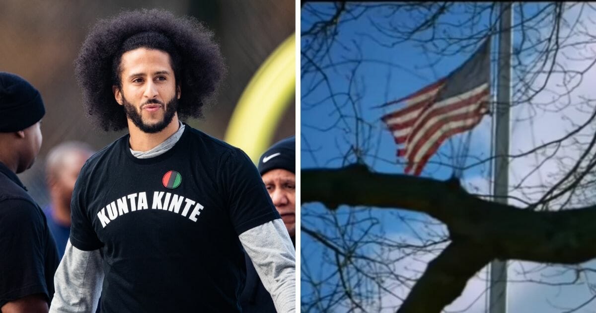 Former 49ers quarterback Colin Kaerpernick, left; and American flag, right.