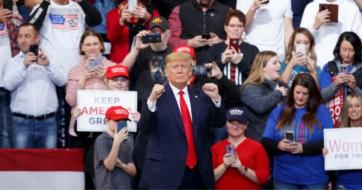 President Donald Trump walks to the podium before speaking at a campaign rally inside of the Knapp Center arena at Drake University on Jan. 30, 2020 in Des Moines, Iowa.