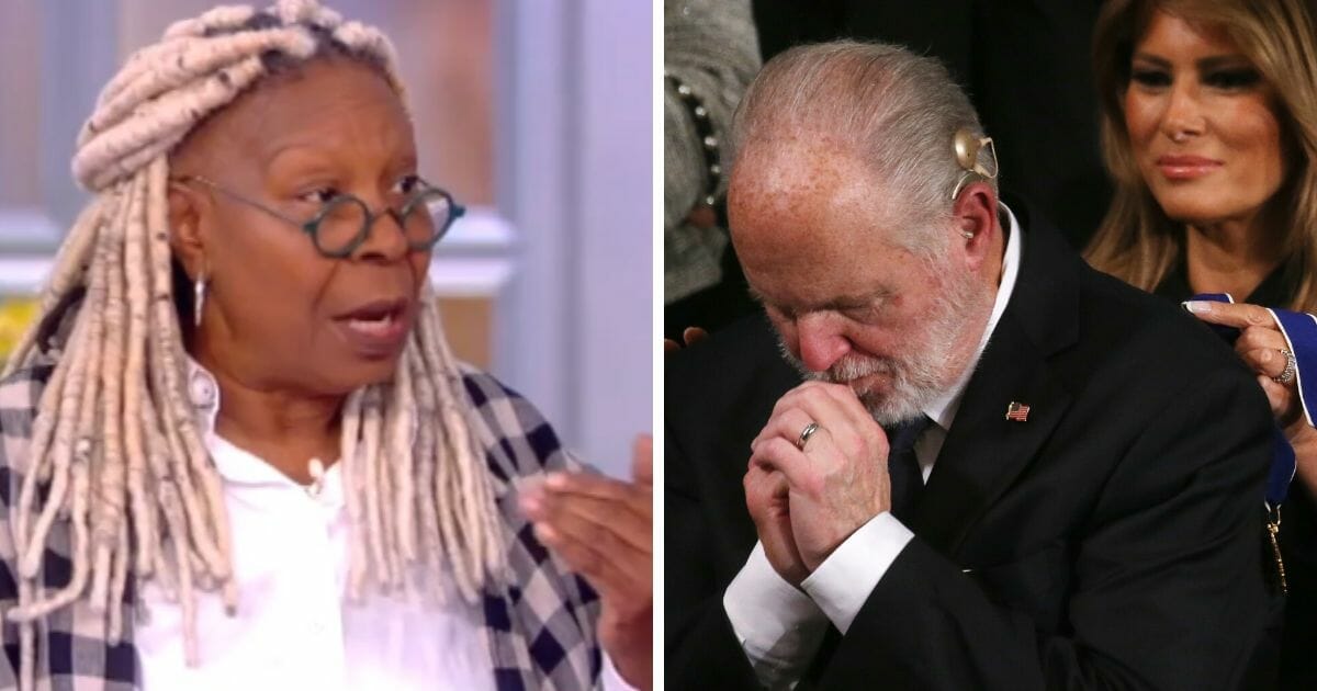 "The View" host co-Whoopi Goldberg, left; and Rush Limbaugh receiving the Medal of Freedom from Melania Trump, right.