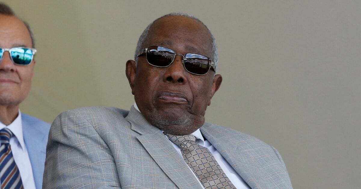 Baseball legend Hank Aaron looks on during Baseball Hall of Fame induction ceremony on July 21, 2019, in Cooperstown, New York.