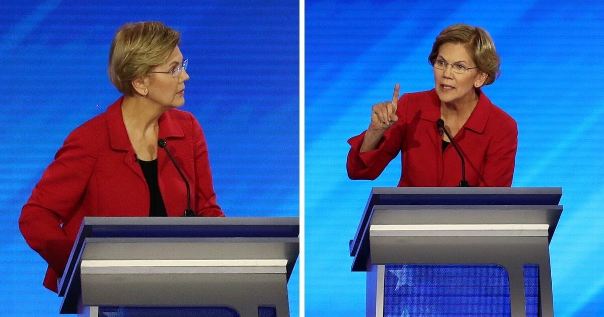 Two views of Elizabeth Warren at Friday's Democratic debate in New Hampshire.