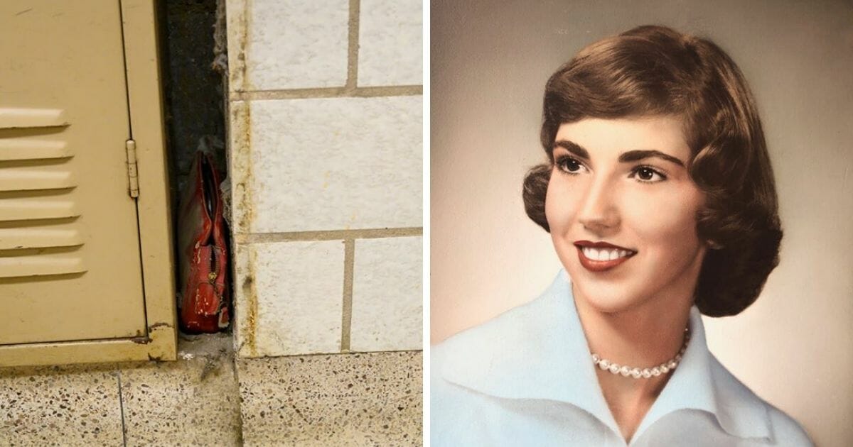 At left, a 1950s-era purse found in an Ohio school; at right, a photo of the girl who owned it.