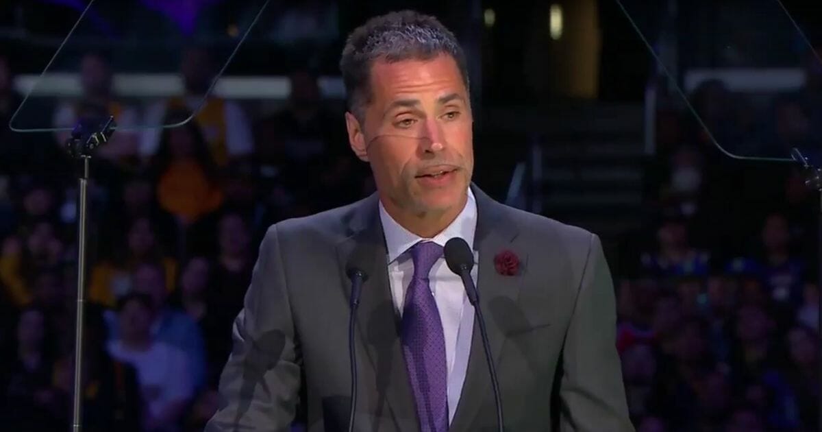 Los Angeles Lakers general manager Rob Pelinka speaks at a memorial service for late NBA star Kobe Bryant.