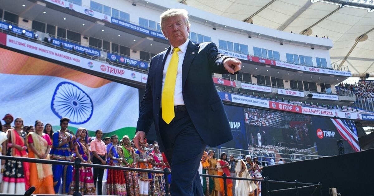 President Donald Trump leaves after attending 'Namaste Trump' rally at Sardar Patel Stadium in Motera, on the outskirts of Ahmedabad, India, on Feb. 24, 2020.