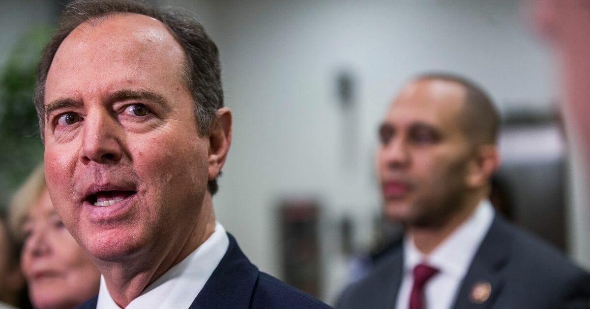 House Intelligence Committee Chairman Rep. Adam Schiff of California speaks to reporters in the Senate basement at the U.S. Capitol during the Senate impeachment trial of President Donald Trump on Jan. 30, 2020, in Washington, D.C.
