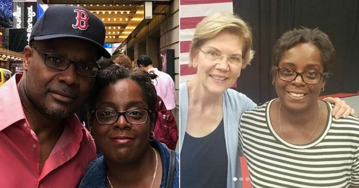 At left, Molson Coors shooter Anthony Ferrill and his wife; at right, Ferrill's wife with Democratic Sen. Elizabeth Warren of Massachusetts.