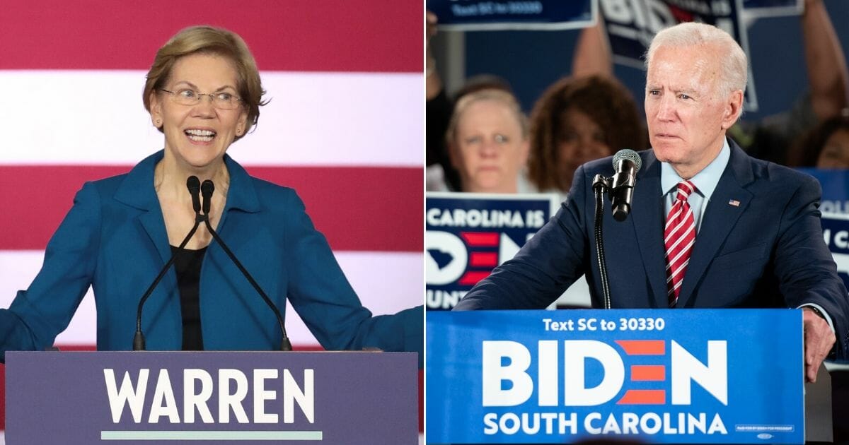 Democratic presidential candidate Sen. Elizabeth Warren of Massachusetts, left, speaks at her primary night event Feb. 11, 2020, in Manchester, New Hampshire, while former Vice President Joe Biden, right, who skipped a primary night event there, addresses supporters at a South Carolina campaign launch party in Columbia.