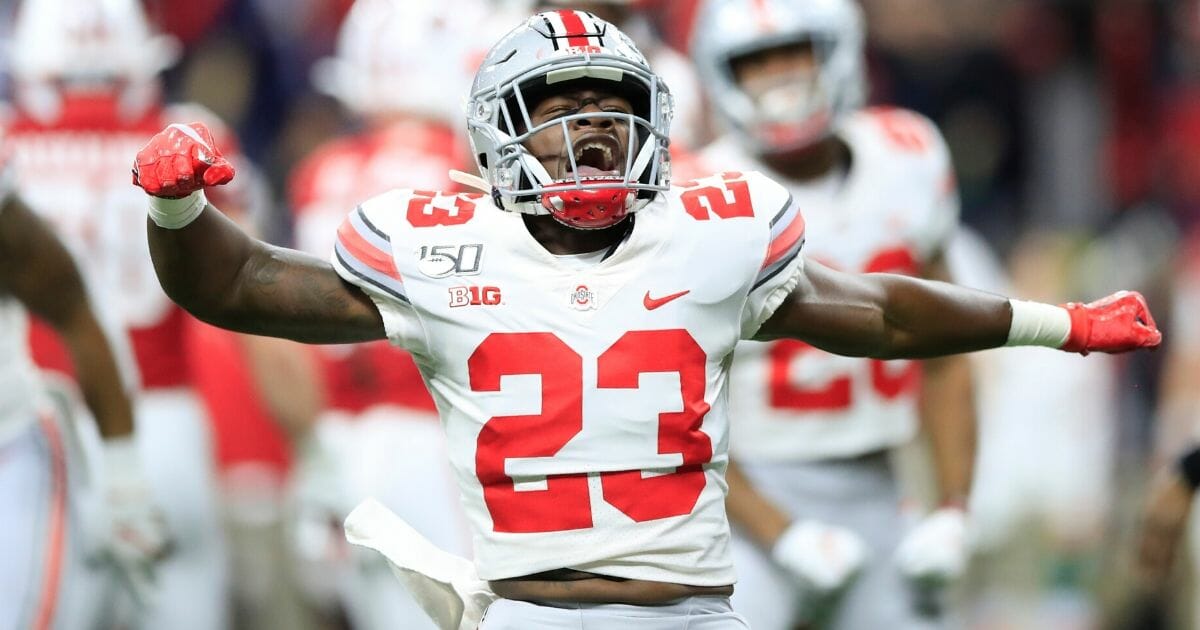 Jahsen Wint of the Ohio State Buckeyes celebrates during the Big Ten championship game against the Wisconsin Badgers on Dec. 7, 2019, at Lucas Oil Stadium in Indianapolis