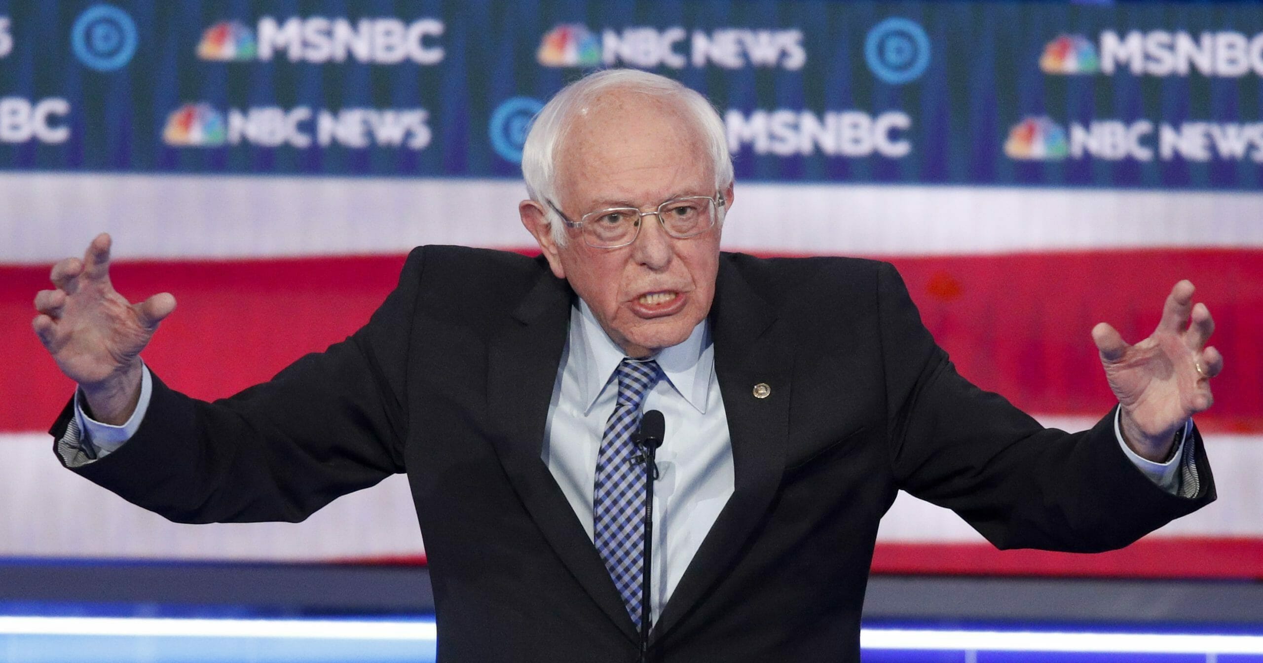 Democratic presidential candidate Sen. Bernie Sanders of Vermont speaks during a Democratic presidential primary debate on Feb. 19, 2020, in Las Vegas, hosted by NBC News and MSNBC.