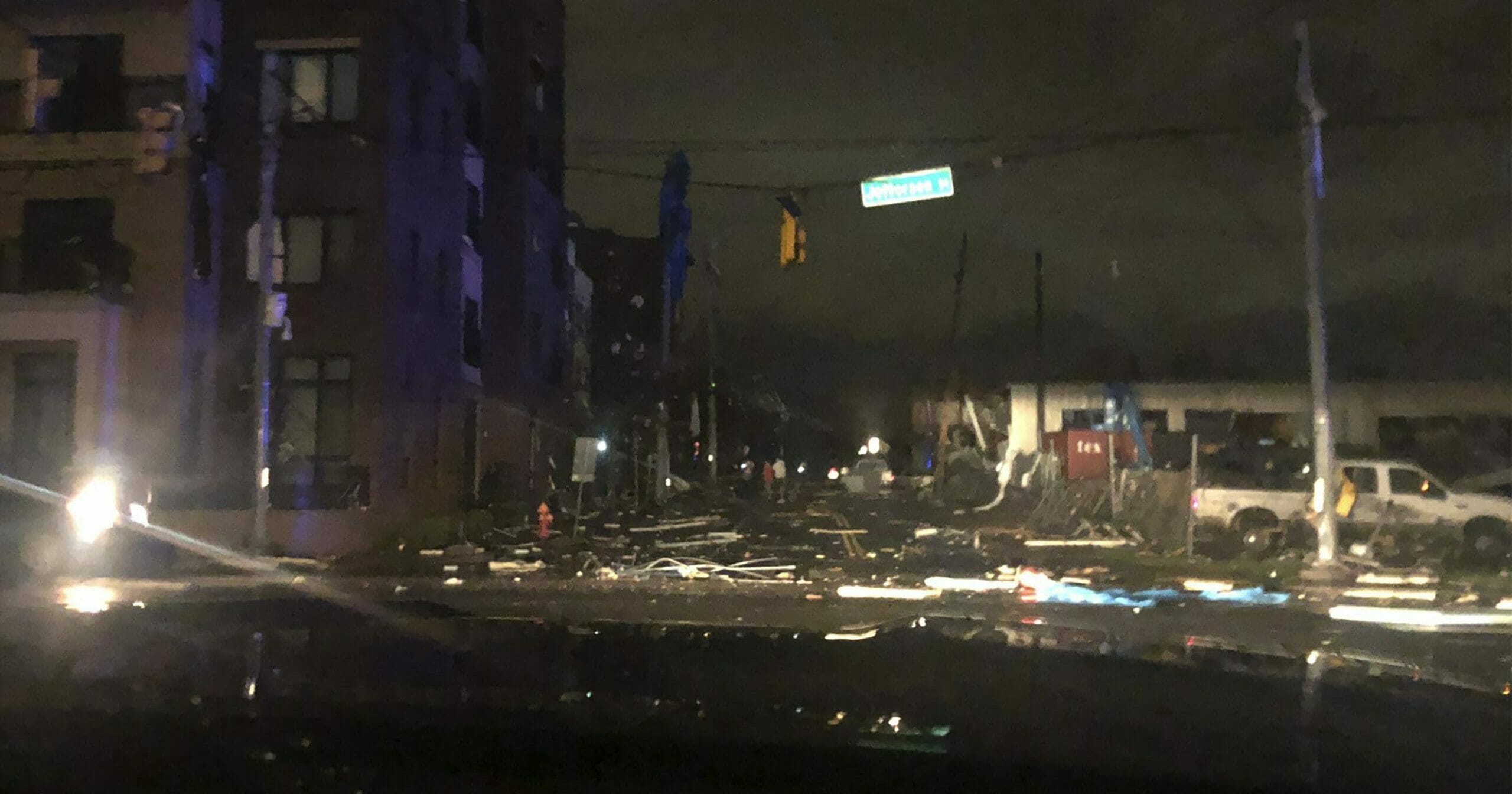 Debris is scattered across an intersection after a tornado touched down in downtown Nashville, Tennessee, March 3, 2020.