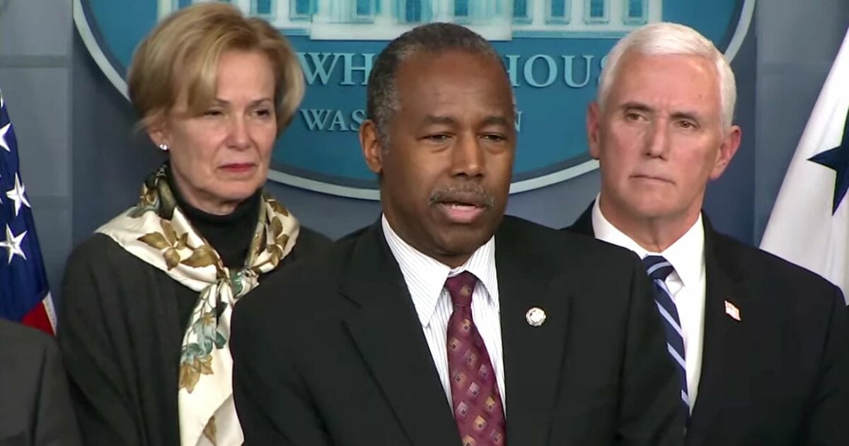 Secretary of Housing and Urban Development Ben Carson speaks during a briefing by the Trump administration's coronavirus task force.