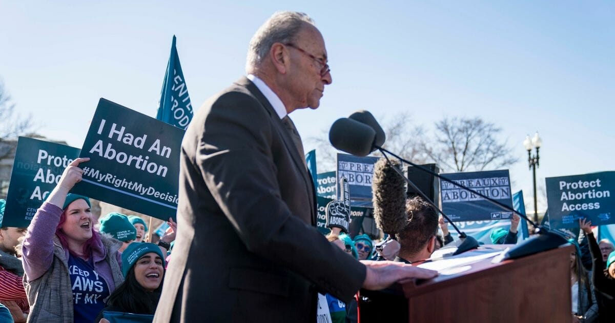 Senate Minority Leader Sen. Chuck Schumer (D-New York) speaks at a pro-abortion rally outside of the Supreme Court as the justices hear oral arguments in the June Medical Services v. Russo case on March 4, 2020, in Washington, D.C.