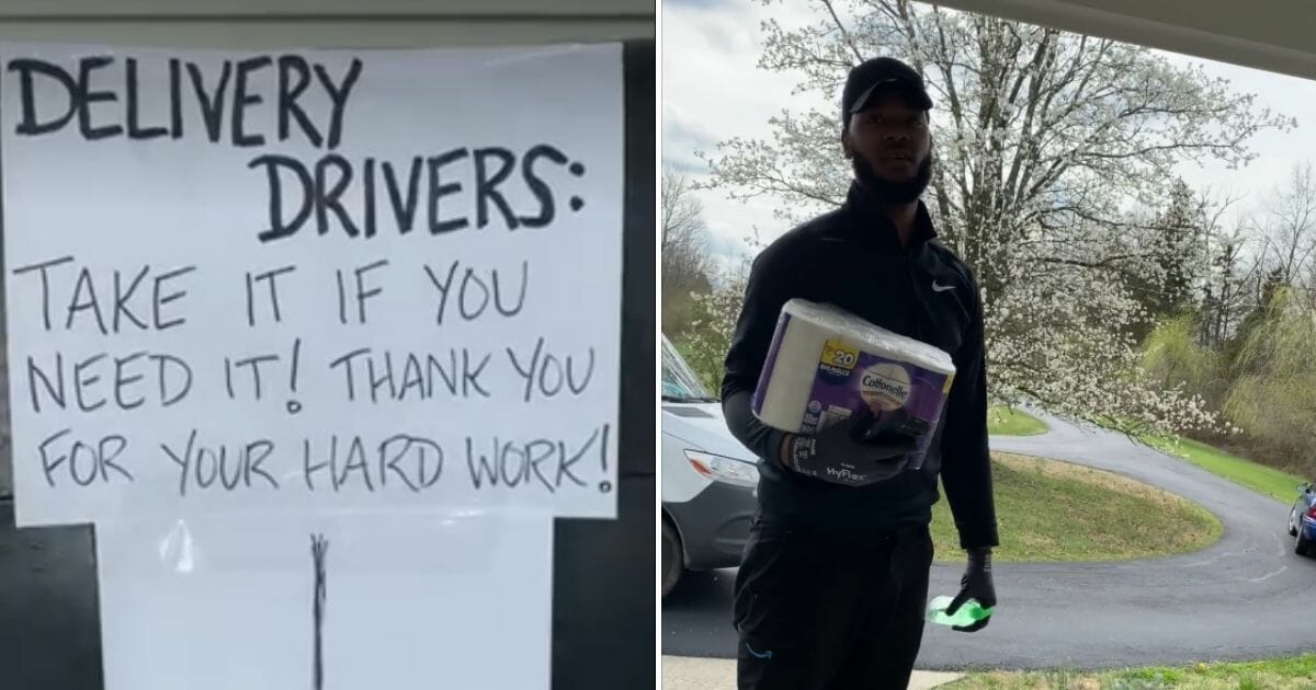 Evan Rosenman's sign, left, and a delivery driver, right.