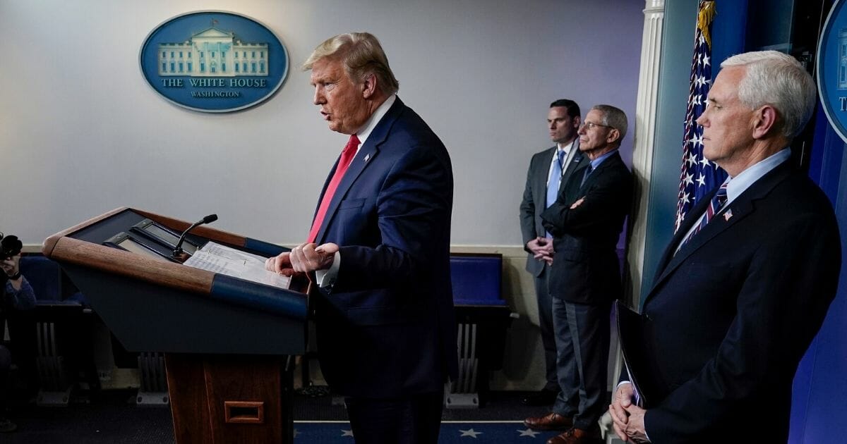 President Donald Trump speaks during a briefing on the coronavirus pandemic in the news briefing room of the White House on March 26, 2020, in Washington, D.C.