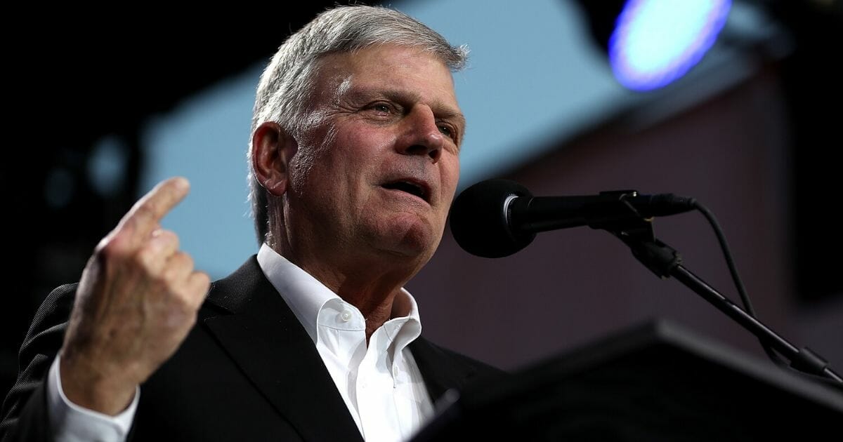 Rev. Franklin Graham speaks at the Stanislaus County Fairgrounds on May 29, 2018, in Turlock, California.