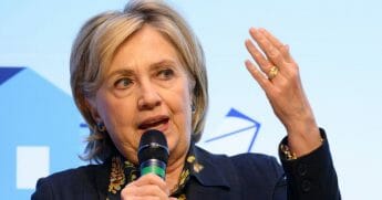 Hillary Clinton speaks during a visit to Swansea University in Wales on Nov. 15, 2019.
