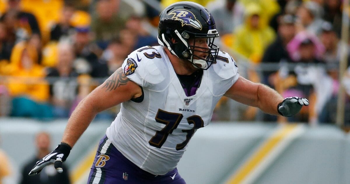 Marshal Yanda of the Baltimore Ravens in action against the Pittsburgh Steelers on Oct. 6, 2019, at Heinz Field.