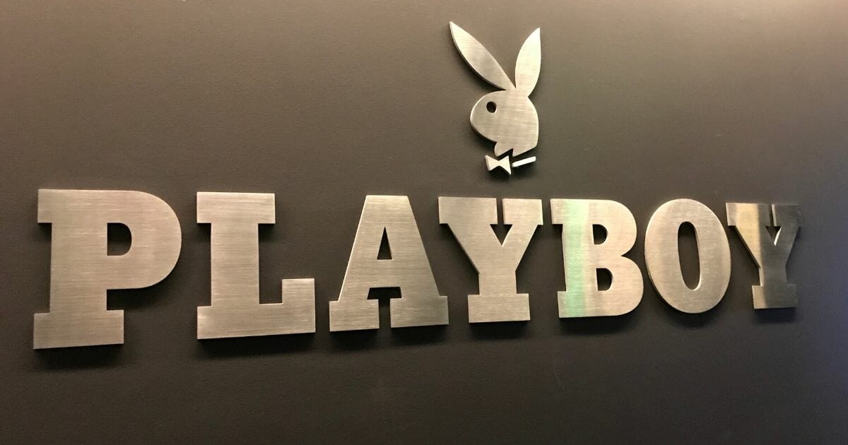 The Playboy bunny and logo are seen on a wall next to the magazine's Westwood, California, headquarters.