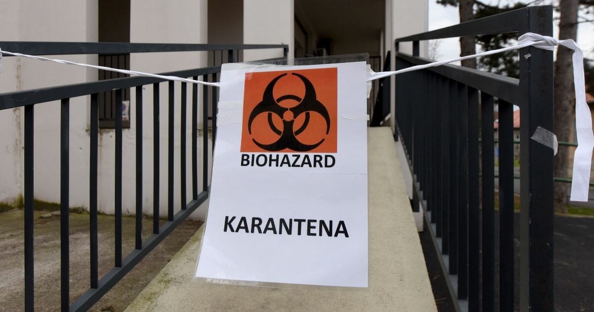 A picture taken on Feb. 25, 2020, shows a biohazard sign at the entrance of the quarantine department of Dr. Fran Mihaljevic hospital for Infectious Diseases in Zagreb, Croatia.