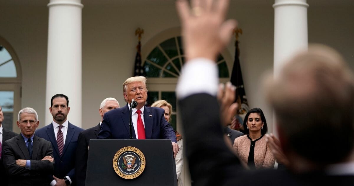 President Donald Trump takes questions at a news conference about the ongoing global coronavirus pandemic in the Rose Garden at the White House on March 13, 2020, in Washington, D.C.