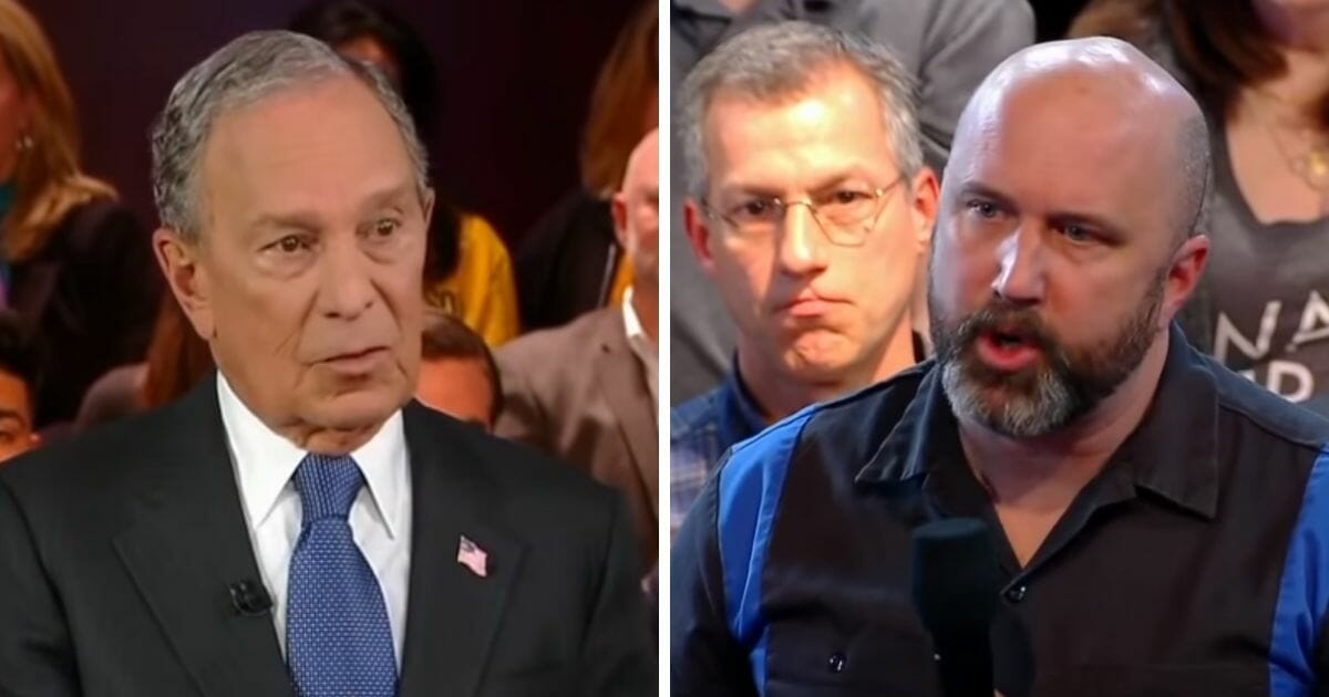 Former New York City Mayor Mike Bloomberg, left, and a participant in Monday's town hall on Fox News, right.