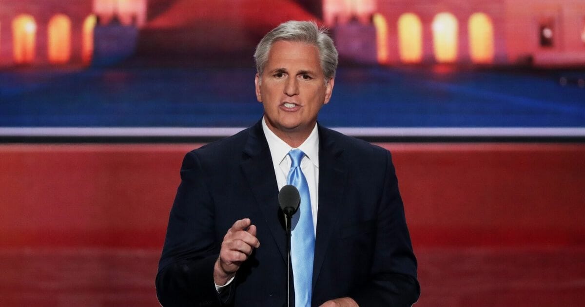 Then-House Majority Leader Kevin McCarthy delivers a speech on the second day of the Republican National Convention on July 19, 2016, at the Quicken Loans Arena in Cleveland.