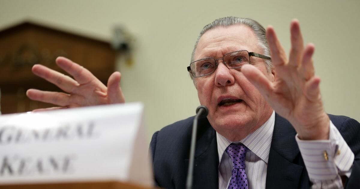 Chairman of the Board of the Institute for the Study of War Army Gen. Jack Keane testifies during a joint hearing before the Terrorism, Nonproliferation, and Trade Subcommittee and the Middle East and North Africa Subcommittee of the House Foreign Affairs Committee on July 15, 2014, on Capitol Hill in Washington, D.C.