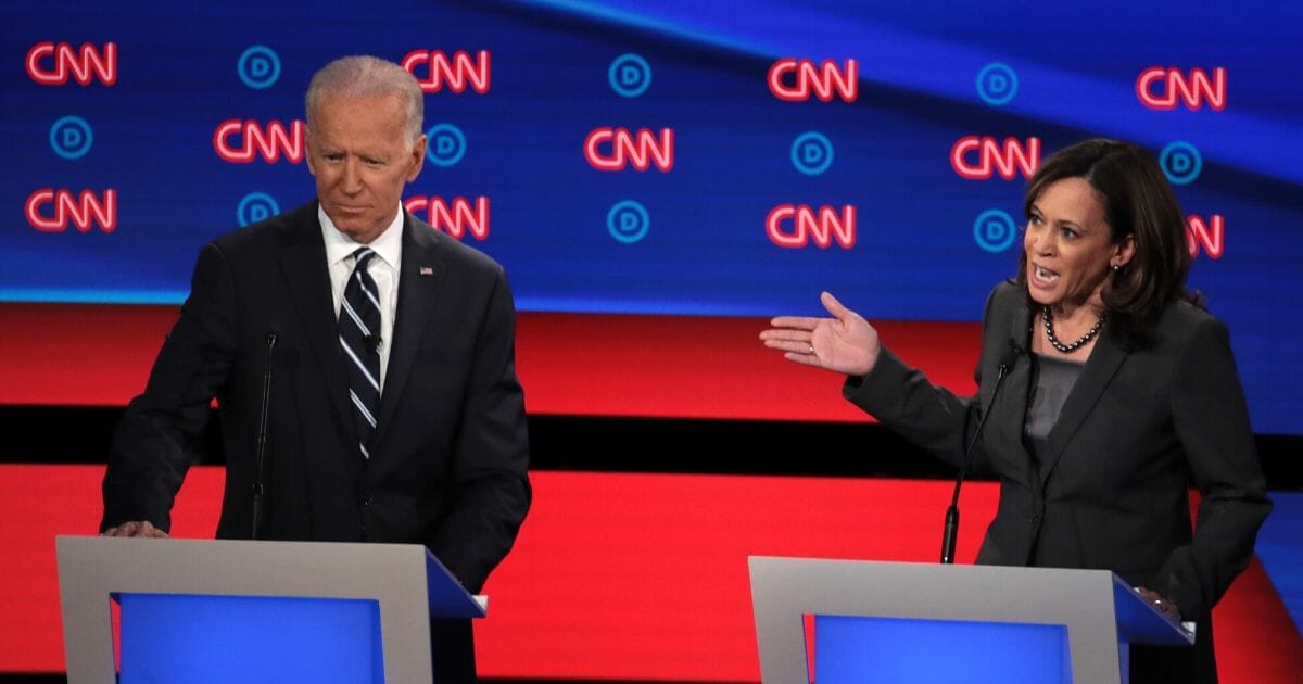 California Sen. Kamala Harris attacks former Vice President Joe Biden at the Democratic primary debate in July in Detroit.