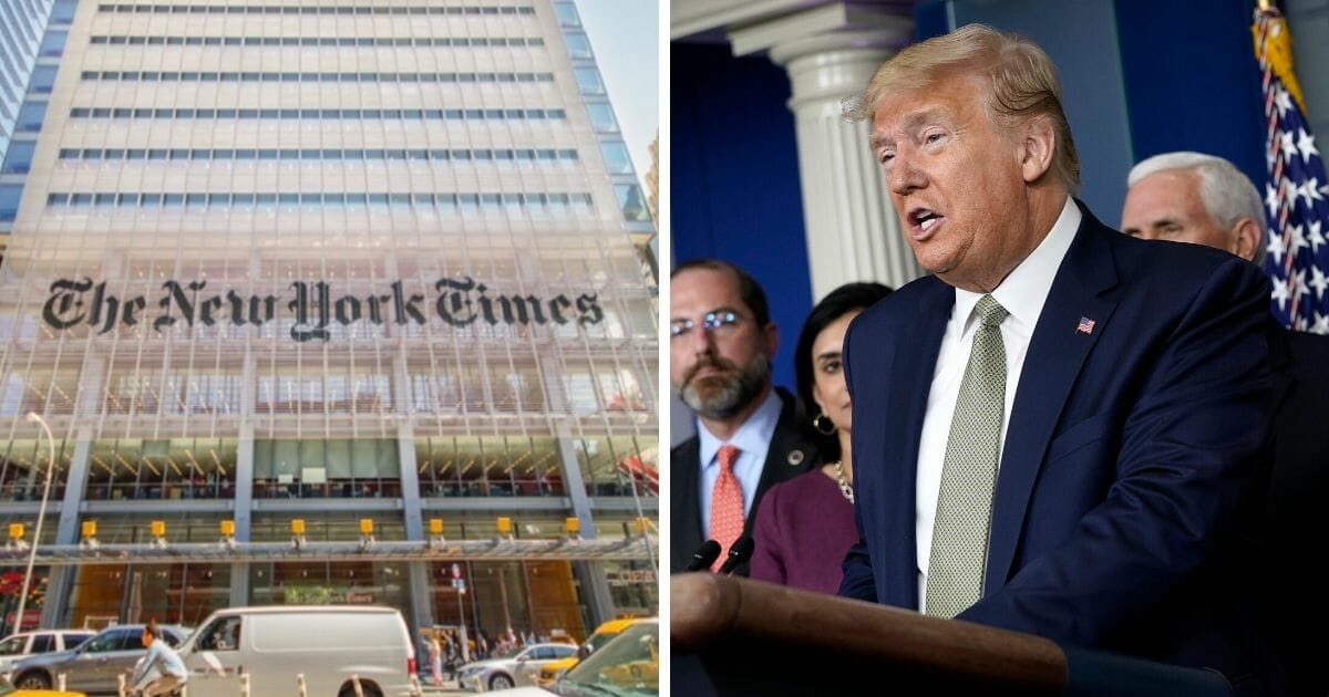 New York Times building, left; and President Donald Trump, right.