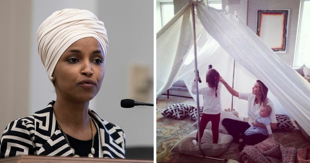 Rep. Ilhan Omar, left; Twitter picture of Ivanka Trump with her children, right.