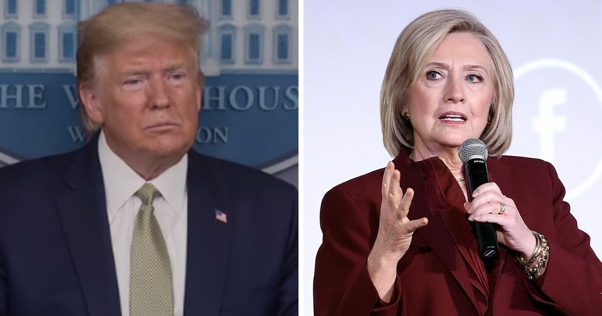 President Donald Trump at a Wednesday news conference, left; former Secretary of State Hillary Clinton, right.
