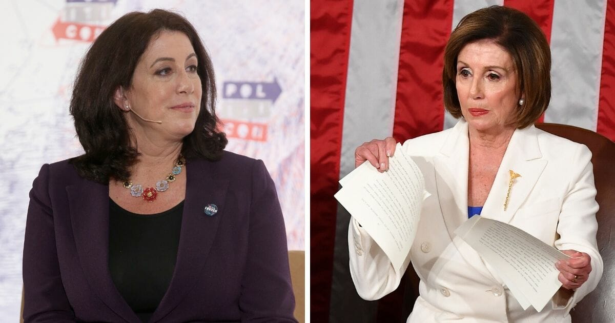 Christine Pelosi, left, in a file photo from the 2018 Politicon convention in Los Angeles; and House Speaker Nancy Pelosi, right, ripping up President Donald Trump's State of the Union address in February.