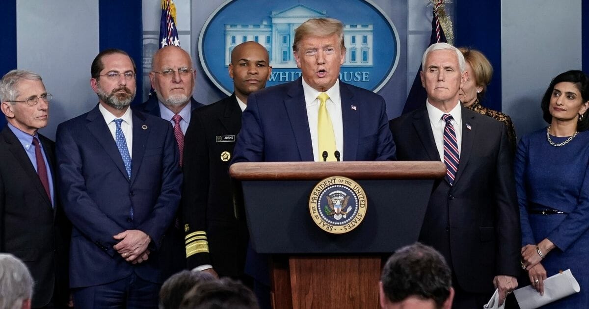 President Donald Trump speaks during a media briefing with members of the White House Coronavirus Task Force team in a file photo from March 9.
