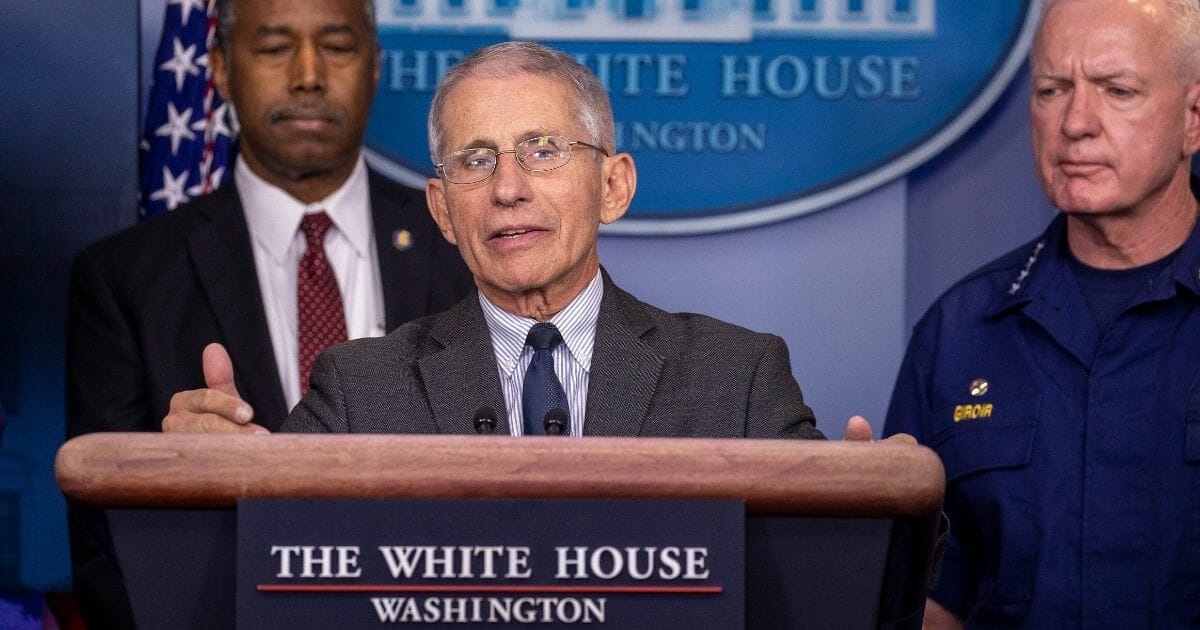 Dr. Anthony Fauci, director of the National Institute of Allergy and Infectious Diseases, speaks at a media briefing Saturday at the White House.