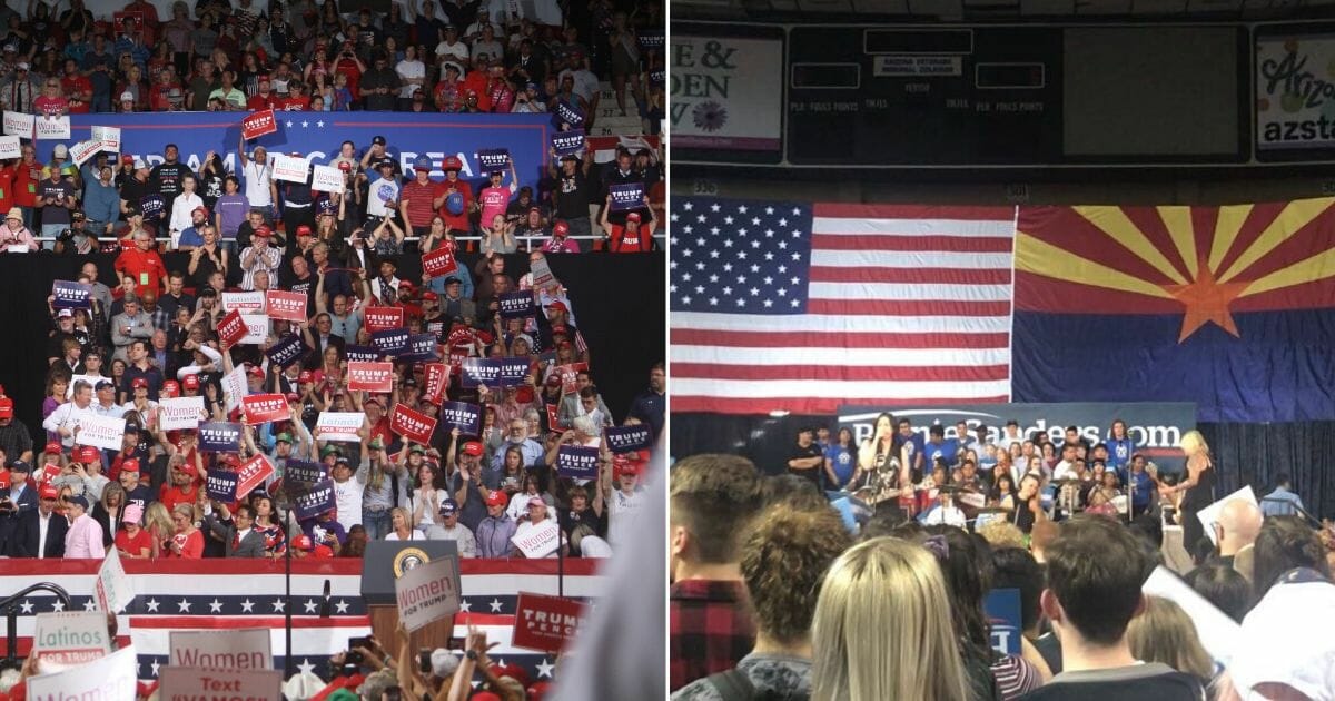 After a disappointing performance on Super Tuesday, Sen. Bernie Sanders hosted a rally, right, in Phoenix, Arizona, this week only drew around 7,500 people. It was held in the same building that hosted President Donald Trump's rally, left, which attracted nearly six times as many people.
