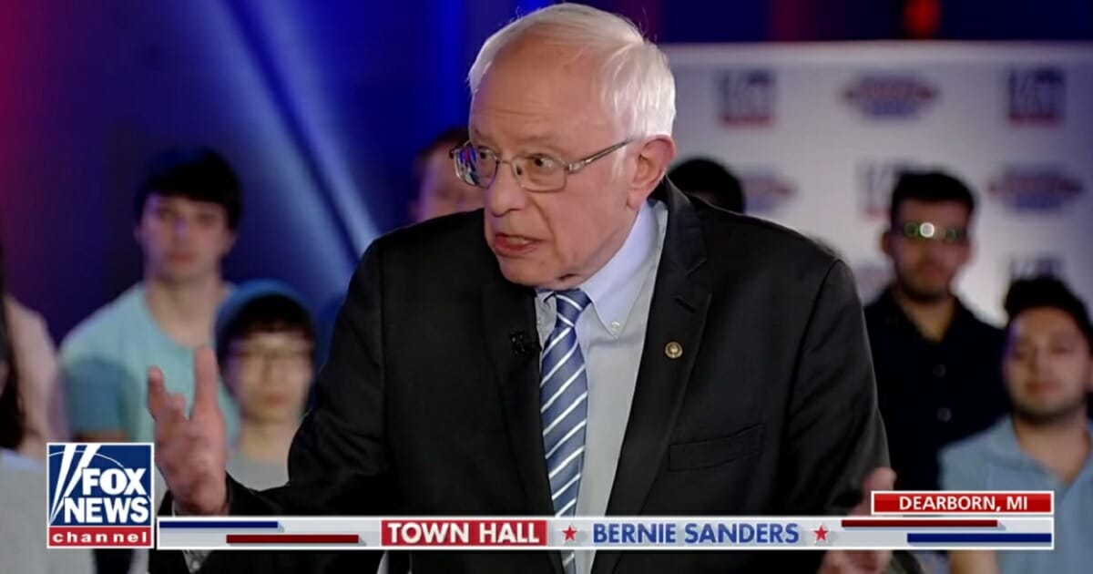 Vermont Sen. Bernie Sanders fields a question from Fox News anchor Bret Baier during a town hall in Dearborn, Michigan, Monday night.