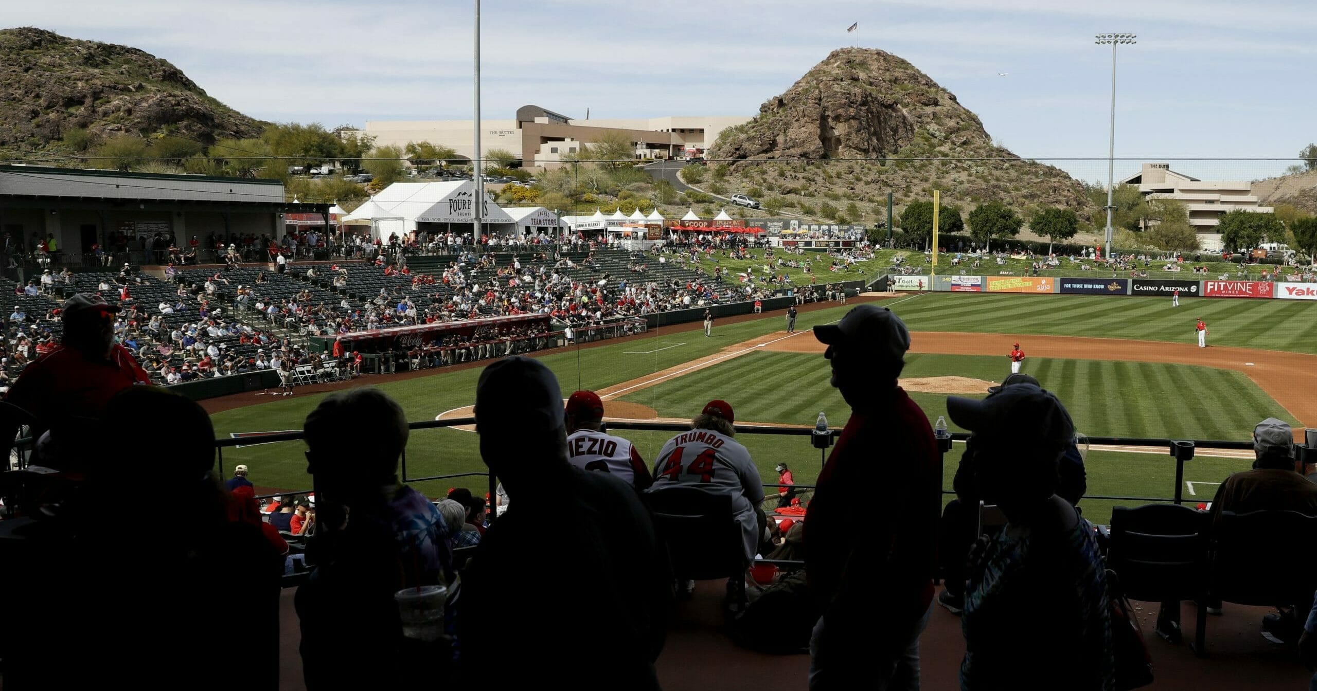 Fans watch a spring training baseball game between the Los Angeles Angels and San Diego Padres on Feb. 27, 2020, in Tempe, Arizona.
