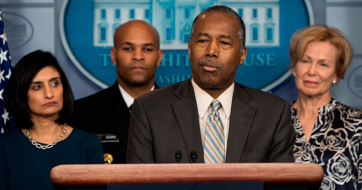 Secretary of Housing and Urban Development Ben Carson speaks during a news briefing about the coronavirus in the Brady Press Briefing Room at the White House in Washington, D.C., on March 14, 2020.