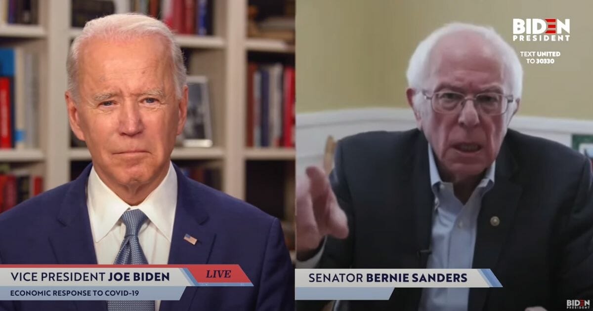Democratic presidential candidate Joe Biden, left, welcomes former rival Sen. Bernie Sanders of Vermont to his livestream.