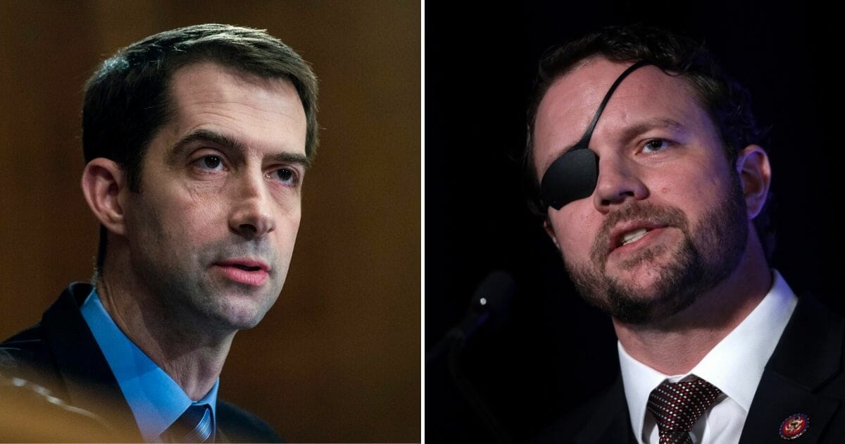 Arkansas Sen. Tom Cotton, left, and Texas Rep. Dan Crenshaw -- both Republicans -- are supporting legislation that would allow Americans to fight back against China as the coronavirus causes death and disruption across America.