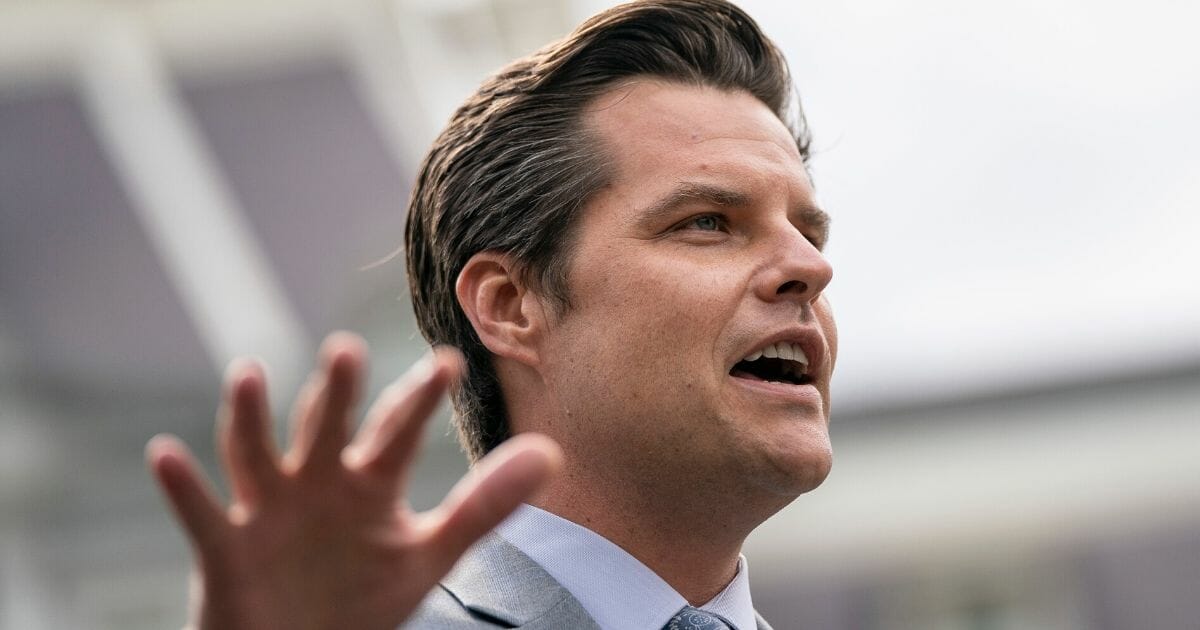 Republican Rep. Matt of Florida speaks to reporters outside the West Wing of the White House following a meeting with President Donald Trump on April 21, 2020.