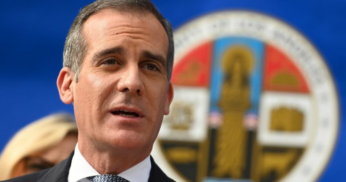 Mayor Eric Garcetti speaks during a news conference on COVID-19 in Los Angeles on March 4, 2020.