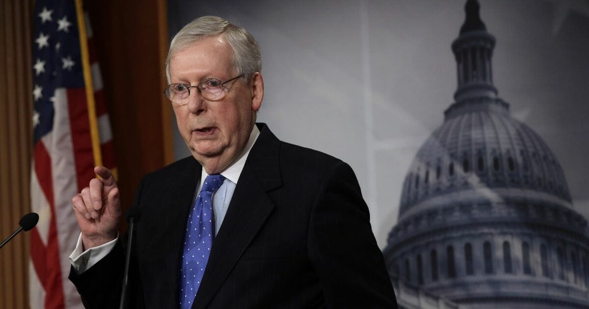 Senate Majority Leader Sen. Mitch McConnell (R-Kentucky) speaks to members of the media during a news conference at the U.S. Capitol on March 17, 2020, in Washington, D.C. (