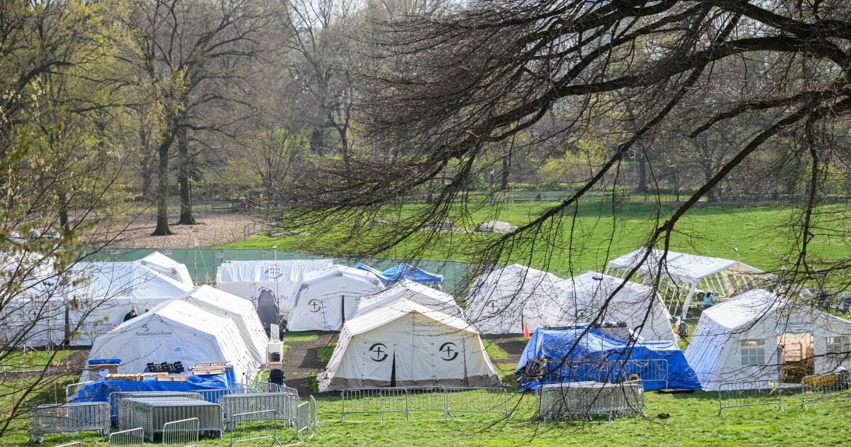 A view of the temporary hospital set up by Samaritan's Purse on the East Meadow lawn in New York's Central Park during the coronavirus pandemic on April 12, 2020.