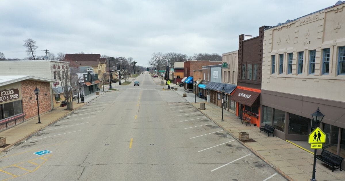 A normally busy Main Street in Rockton, Illinois, is deserted as the small businesses that line the business district remain closed March 24, 2020, amid a shelter-in-place order to curtail the spread of the coronavirus.