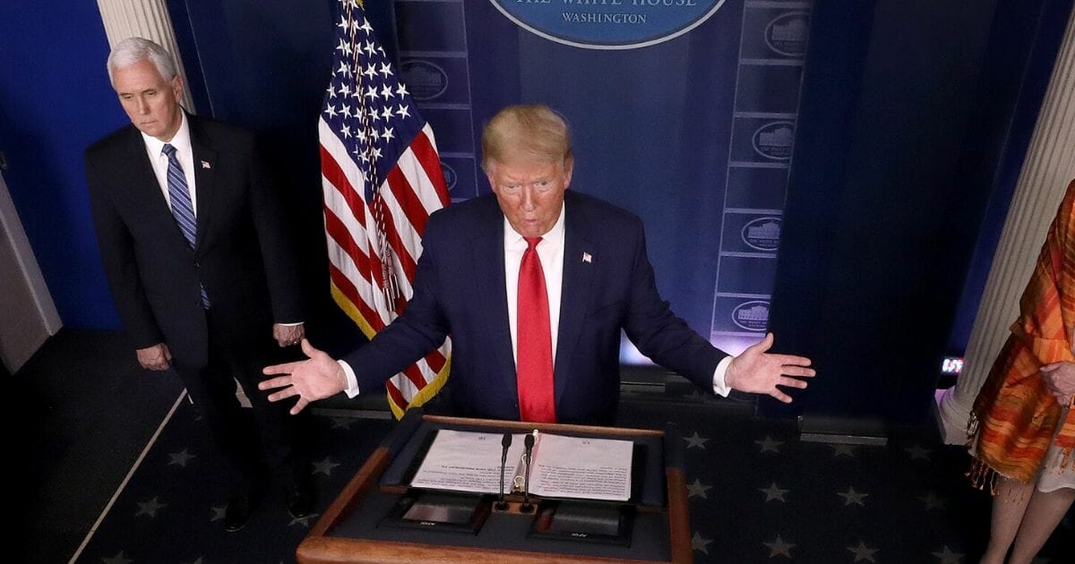 U.S. President Donald Trump answers questions in the media briefing room