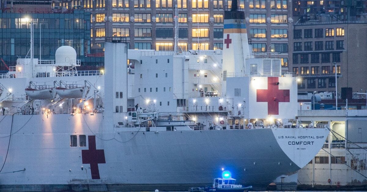 The USNS Comfort, a Navy hospital ship, is docked at Pier 90 on April 3, 2020, in New York City.